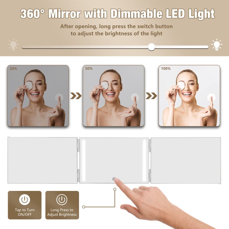 Dripex 3 Way Mirror for Self Hair Cutting  Rechargeable 360 Mirror with LED Lights  Trifold Self Haircut Mirror with Height Adjustable Hooks  for Makeup  Styling  Shaving  Braiding  Dye Hair - Image 3